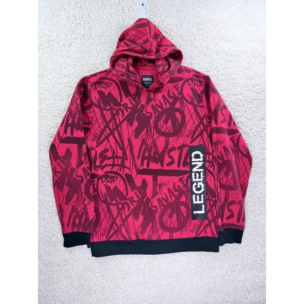 Seven Souls Hoodie Mens Large Red Graffiti Streetwear Legend Pullover